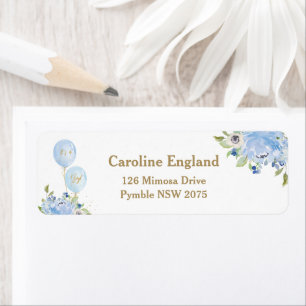 Blue Floral Balloons Baby Shower Return Address