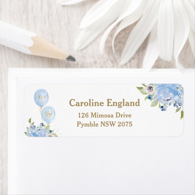 Blue Floral Balloons Baby Shower Return Address (Insitu)
