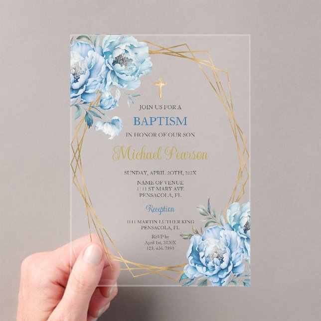 Blue floral baptism acrylic invitations (Insitu (Handheld))