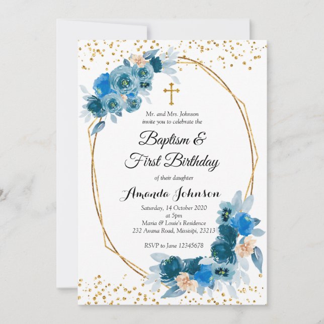 Blue Floral Baptism and First Birthday Invitation (Front)