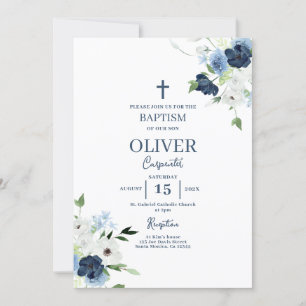 Blue Floral Baptism Boy Invitation