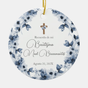 Blue floral baptism ceramic in Spanish Ceramic Tree Decoration