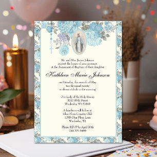 Blue Floral Baptism Christening Virgin Mary  Invitation