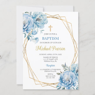 Blue floral baptism invitation