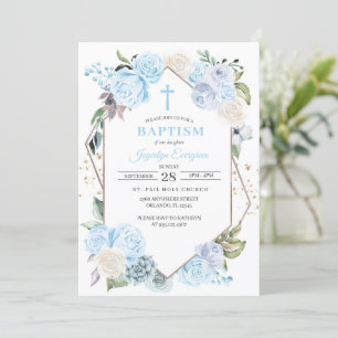 Blue Floral Baptism Invitation