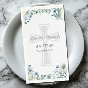 Blue Floral Baptism Party Christian Cross Custom Napkin