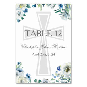 Blue Floral Baptism Party Christian Cross Custom Table Number