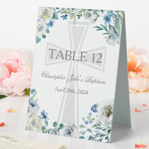 Blue Floral Baptism Party Church Table Number