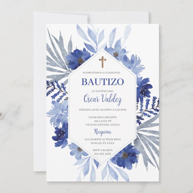 Blue floral Baptism Spanish Invitation for boy (Front)