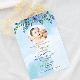 Blue Floral Baptism with Photo Invitation
