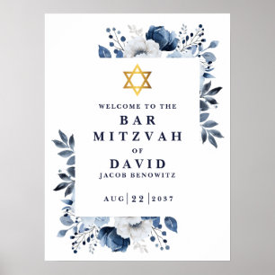 Blue Floral Bar Mitzvah Bat Mitzvah Welcome Sign