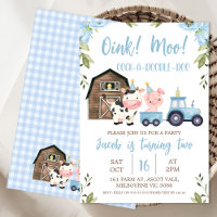 Blue Floral Barn Tractor Farm Birthday Invitation