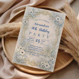 Blue Floral Baroque Frame 90th Birthday Invitation