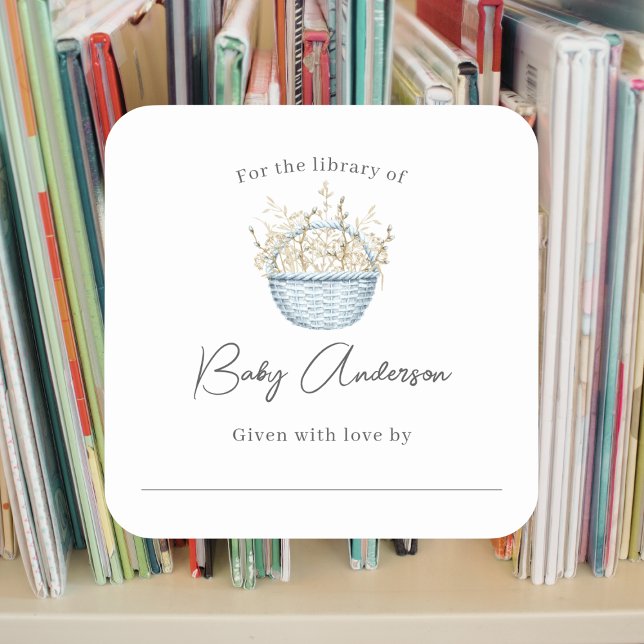 Blue Floral Basket Baby shower bookplate  Square Sticker (Creator Uploaded)