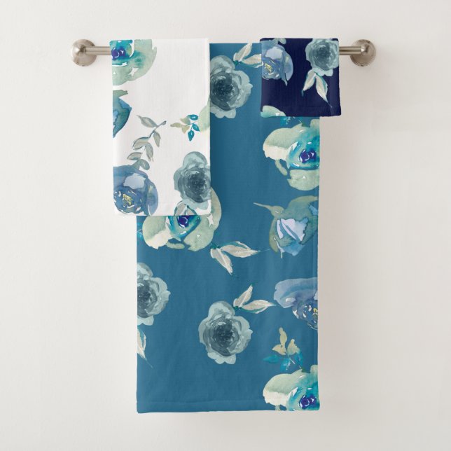 Blue Floral Bathroom Towel Set (Insitu)