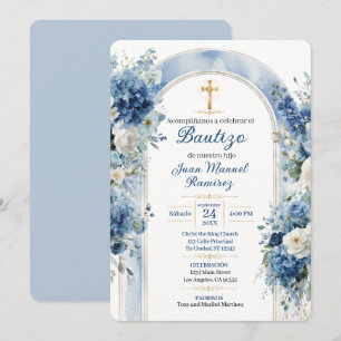 Blue Floral Bautizo Baptism Invitation for Boy
