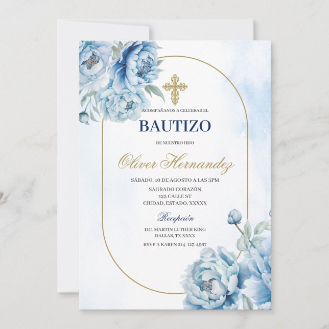Blue Floral Bautizo Spanish Invitation (Front)