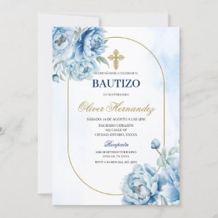 Blue Floral Bautizo Spanish Invitation