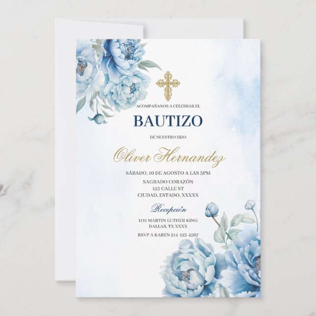 Blue Floral Bautizo Spanish Invitation (Front)