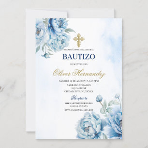 Blue Floral Bautizo Spanish Invitation