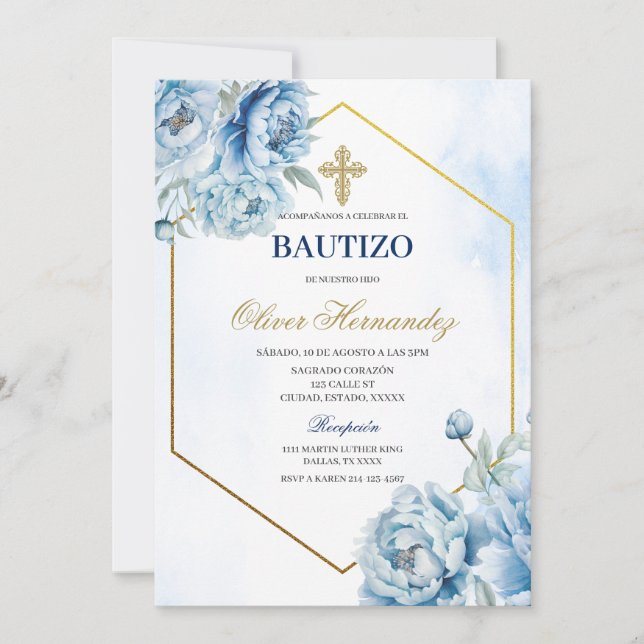 Blue Floral Bautizo Spanish Invitation (Front)