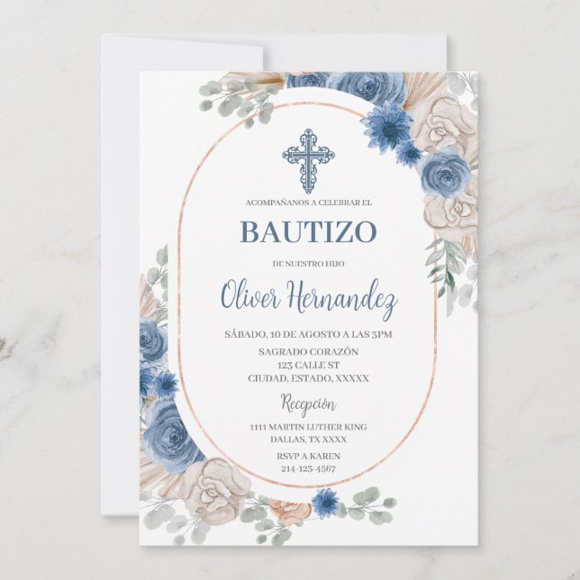Blue Floral Bautizo Spanish Invitation (Front)