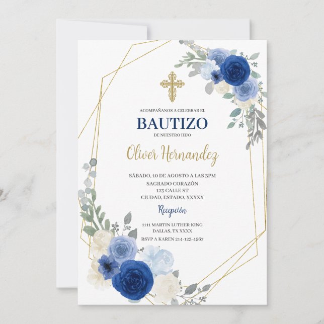 Blue Floral Bautizo Spanish Invitation (Front)