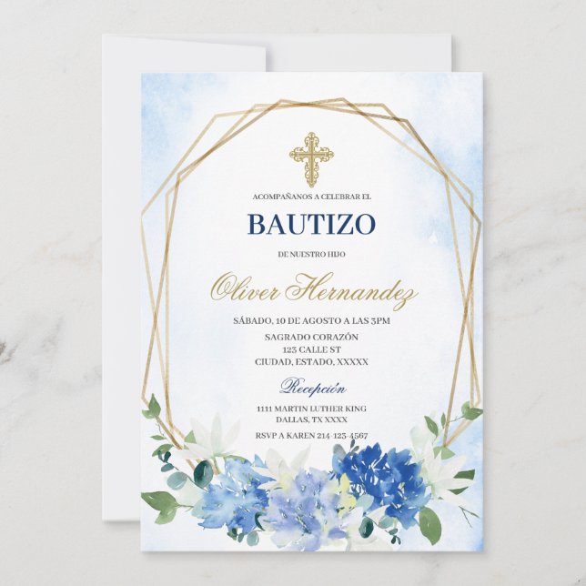 Blue Floral Bautizo Spanish Invitation (Front)