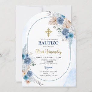 Blue Floral Bautizo Spanish Invitation