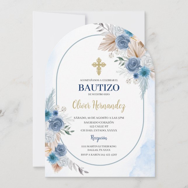 Blue Floral Bautizo Spanish Invitation (Front)