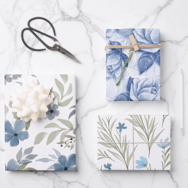 Blue Floral Beautiful Flower Garden Wrapping Paper Sheet (Front)