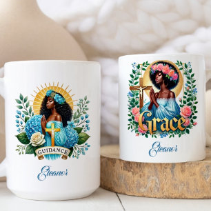 Blue Floral Beautiful Praying Black Woman Coffee Mug