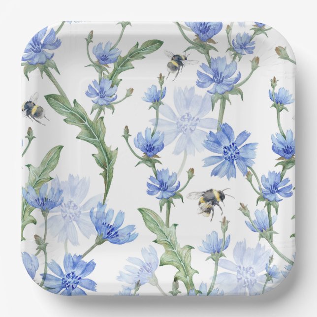 Blue Floral Bee Paper Plate (Front)