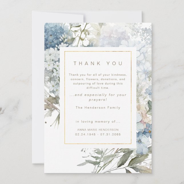 Blue Floral Bereavement Funeral Thank You Card (Front)