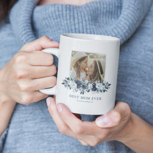 Blue Floral Best Mom Ever Photo Coffee Mug