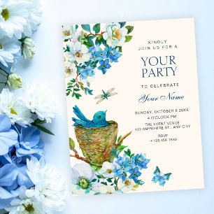 Blue Floral bird art elegant Invitation