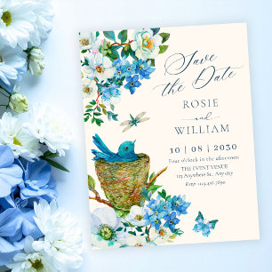 Blue Floral bird art elegant wedding Save The Date