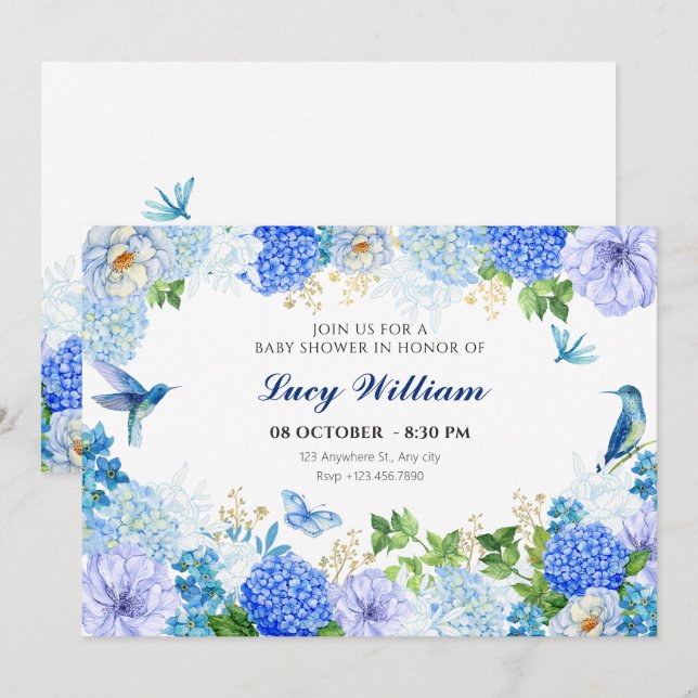 Blue floral bird elegant baby shower invitation (Front/Back)