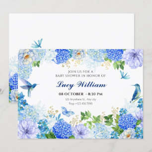 Blue floral bird elegant baby shower invitation