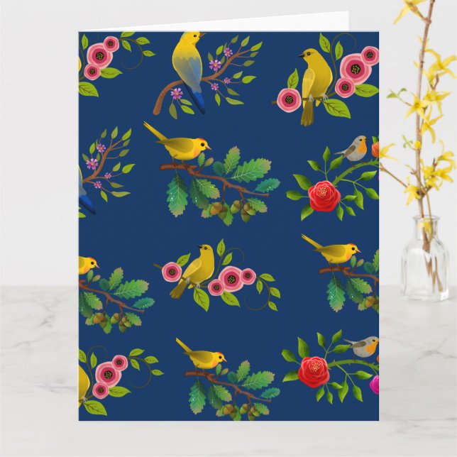 Blue Floral Bird Print  Card (Yellow Flower)