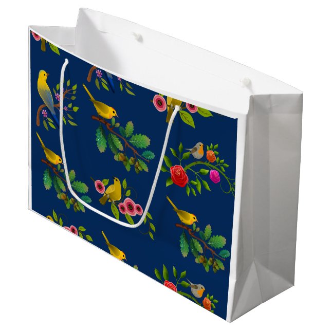 Blue Floral Bird Print Gift Bag (Front Angled)