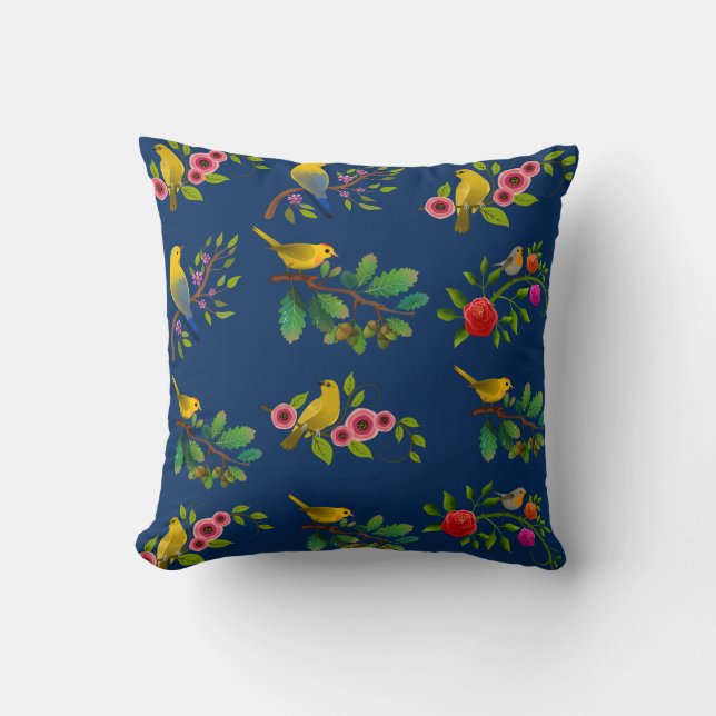 Blue Floral Bird Print Throw Pillow (Front)