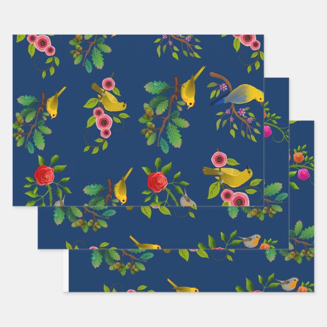 Blue Floral Bird Print  Wrapping Paper Sheet (Set)