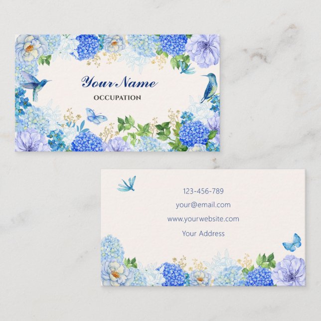 Blue floral bird simple elegant  business card (Front/Back)