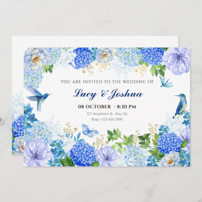Blue floral bird simple elegant wedding invitation (Front/Back)