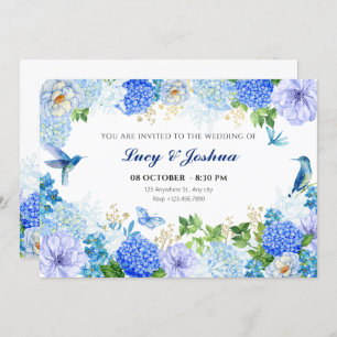 Blue floral bird simple elegant wedding invitation