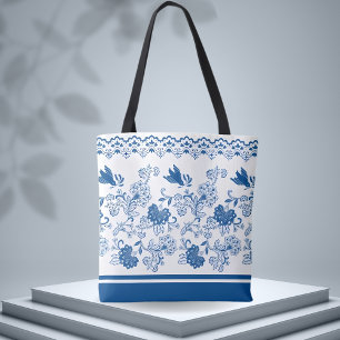 Blue Floral & Birds Pattern – Nature-Inspired Tote Bag