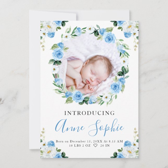 Blue Floral Birth Announcement Thank You Card (Front)