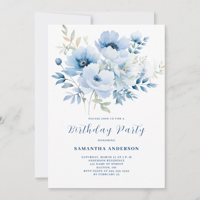 Blue Floral Birthday  Invitation (Front)