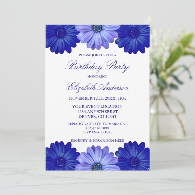 Blue Floral Birthday Invitation (Standing Front)